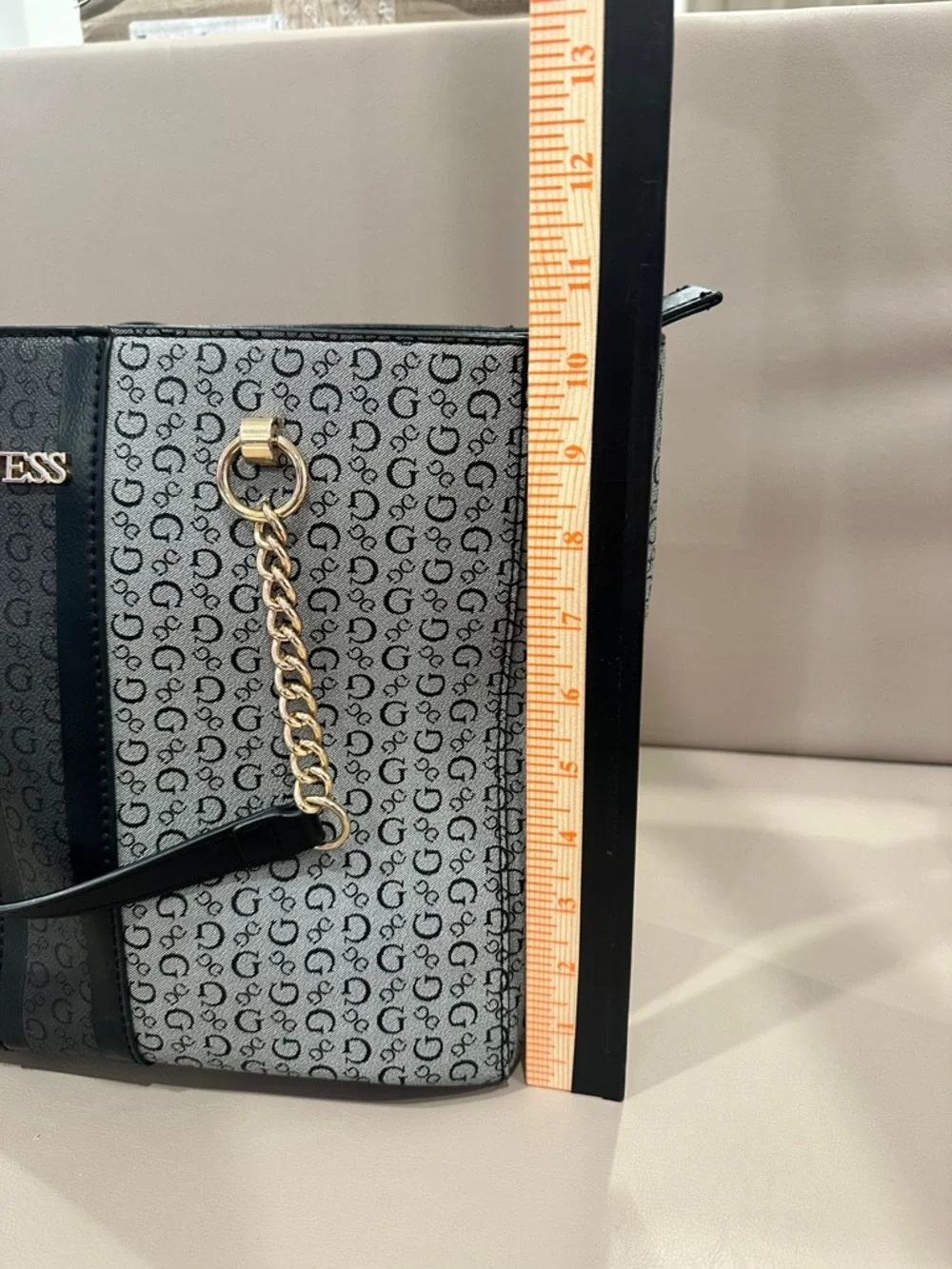 GUESS Black and Gray Logo Stripe Tote with Gold Chain Accents - Picture 7 of 8